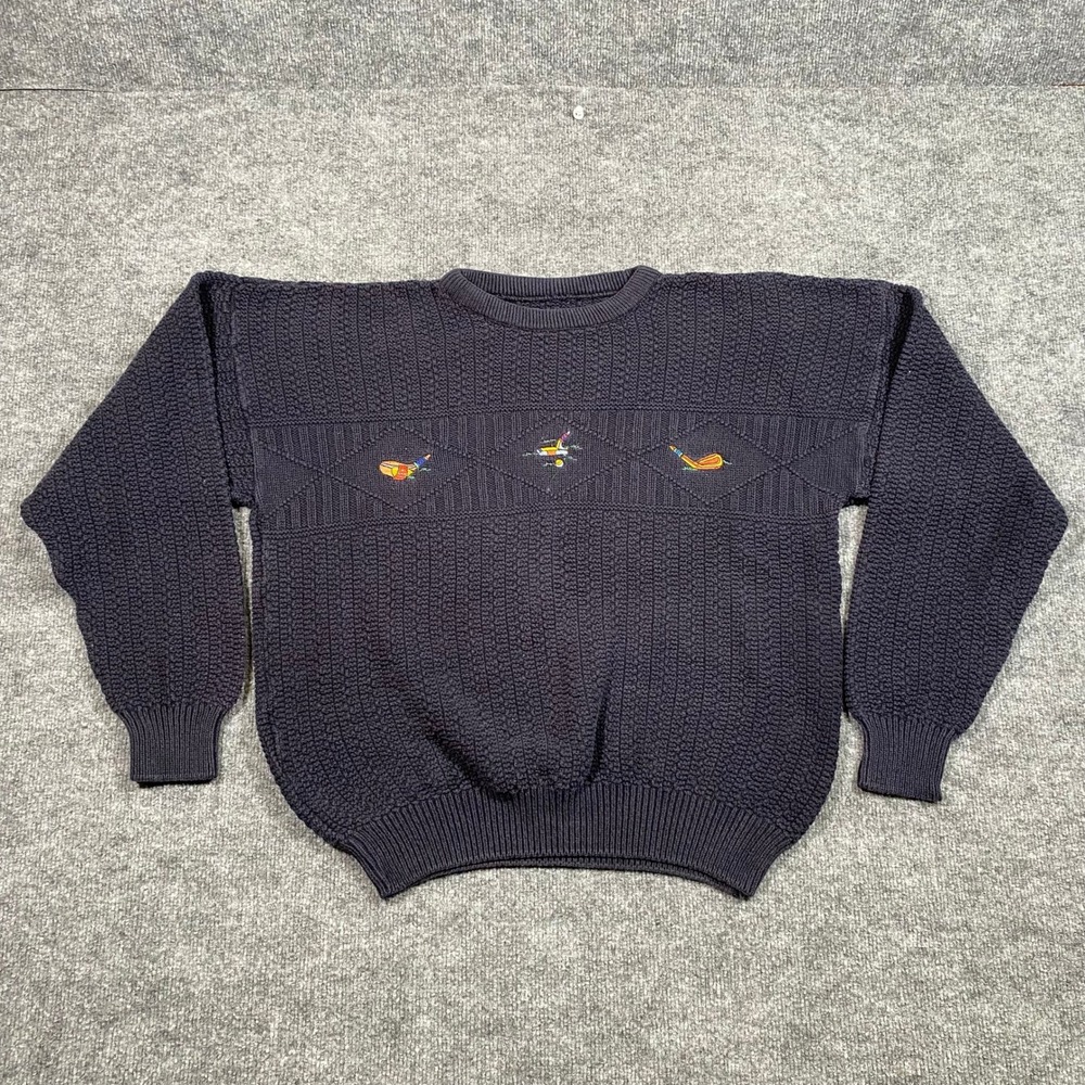Vintage Navy Blue‎ Textured Knit Golf Embroidered Crewneck Sweater Mens Large